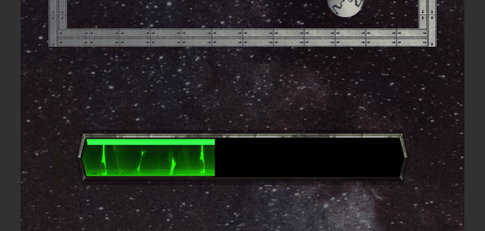 The Super Bouncy Box play area against a starfield, with a metal-framed arena above and a green segmented progress bar roughly half full below
