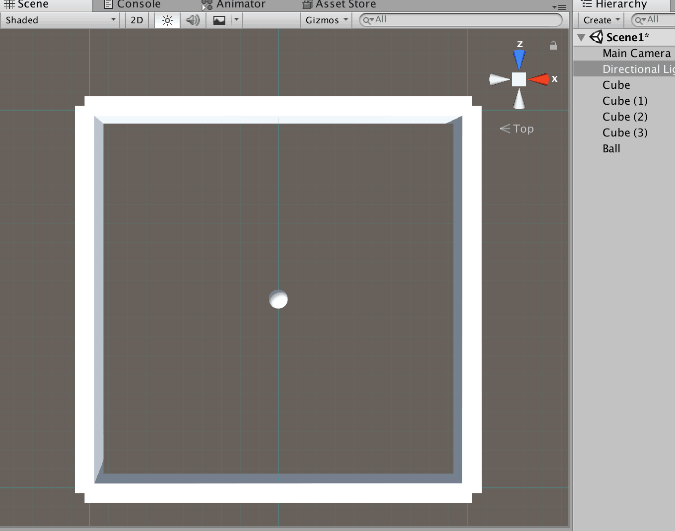 The Unity scene view looking down on the prototype arena -- four white cube walls around a single ball -- with the Hierarchy listing Main Camera, Directional Light, four Cubes, and Ball
