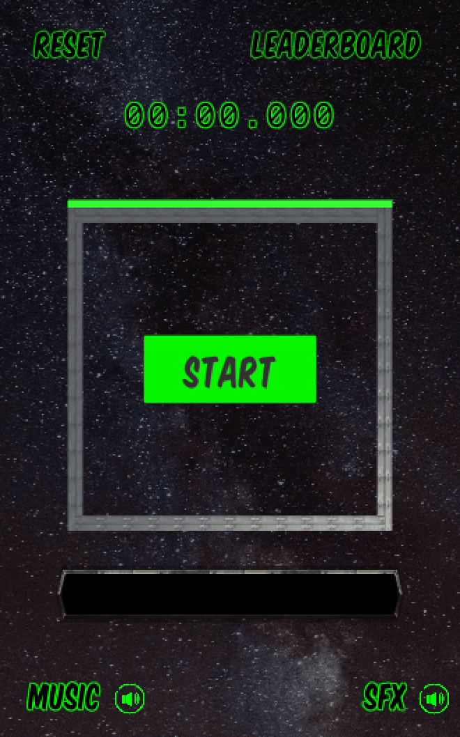 The Super Bouncy Box start screen: a green START button inside the metal arena frame, a 00:00.000 timer, and RESET, LEADERBOARD, MUSIC, and SFX controls