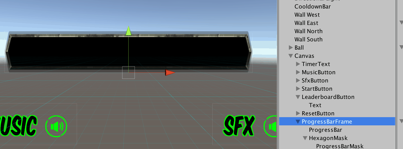 The ProgressBarFrame selected in the Unity hierarchy, anchored to the bottom middle of the Canvas, with its children ProgressBar, HexagonMask, and ProgressBarMask listed beneath