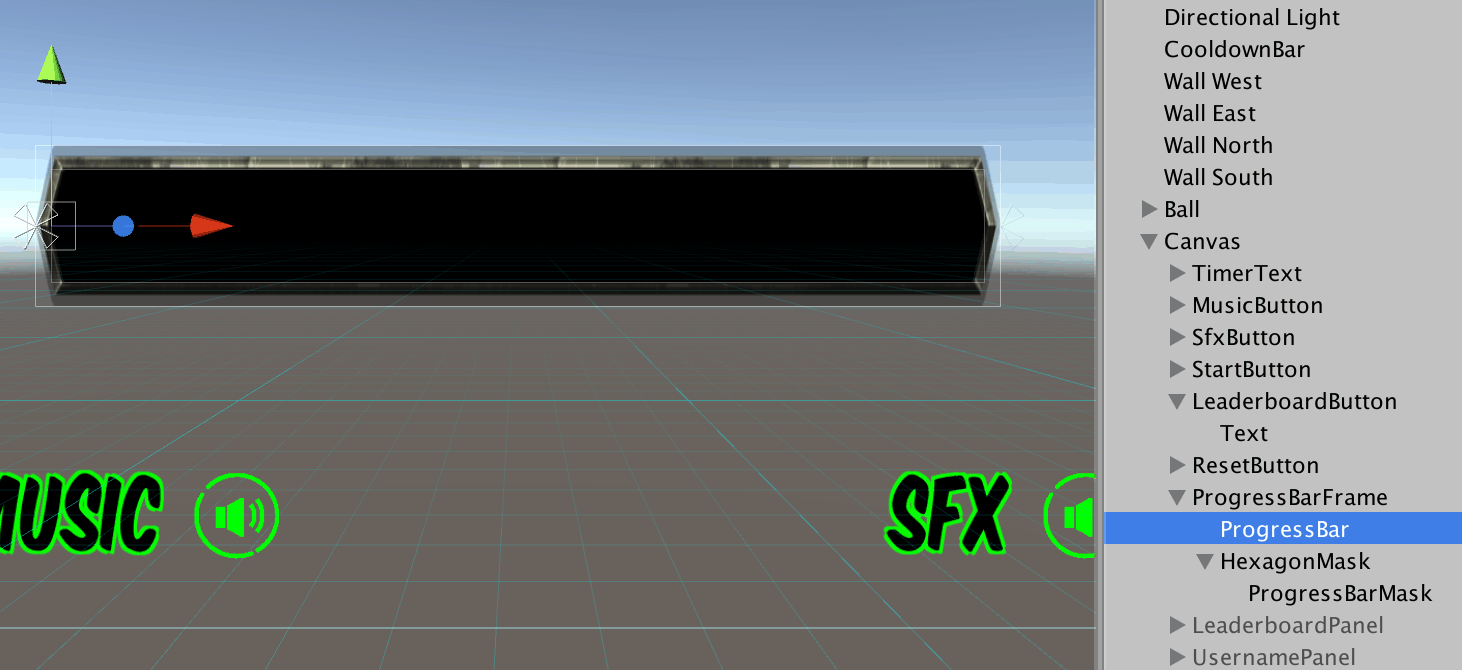 The ProgressBar itself selected inside ProgressBarFrame, its anchor handle pinned to the left edge of the frame in the scene view